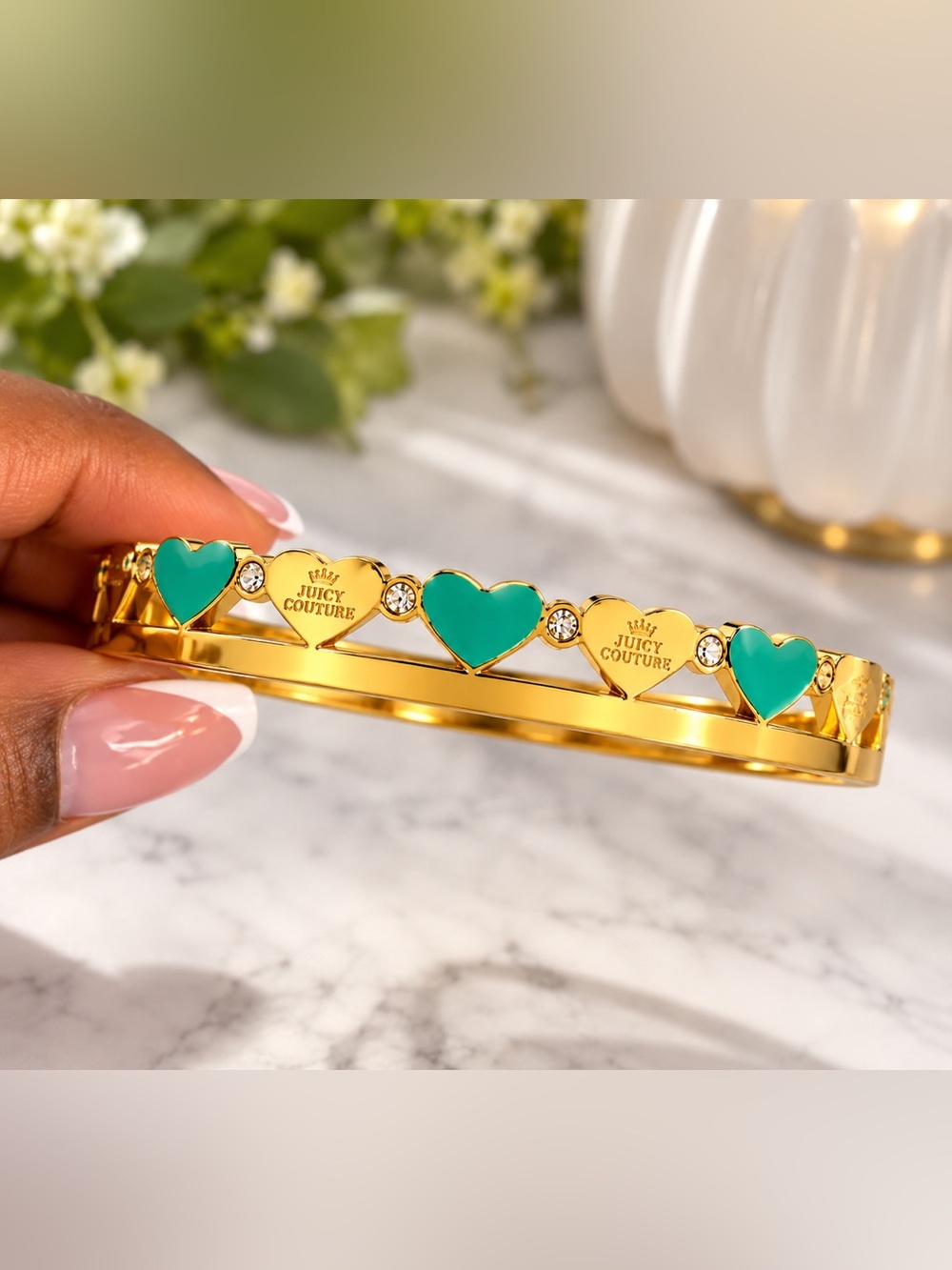 Juicy Couture Gold Tone Bangle with Teal Heart Accents